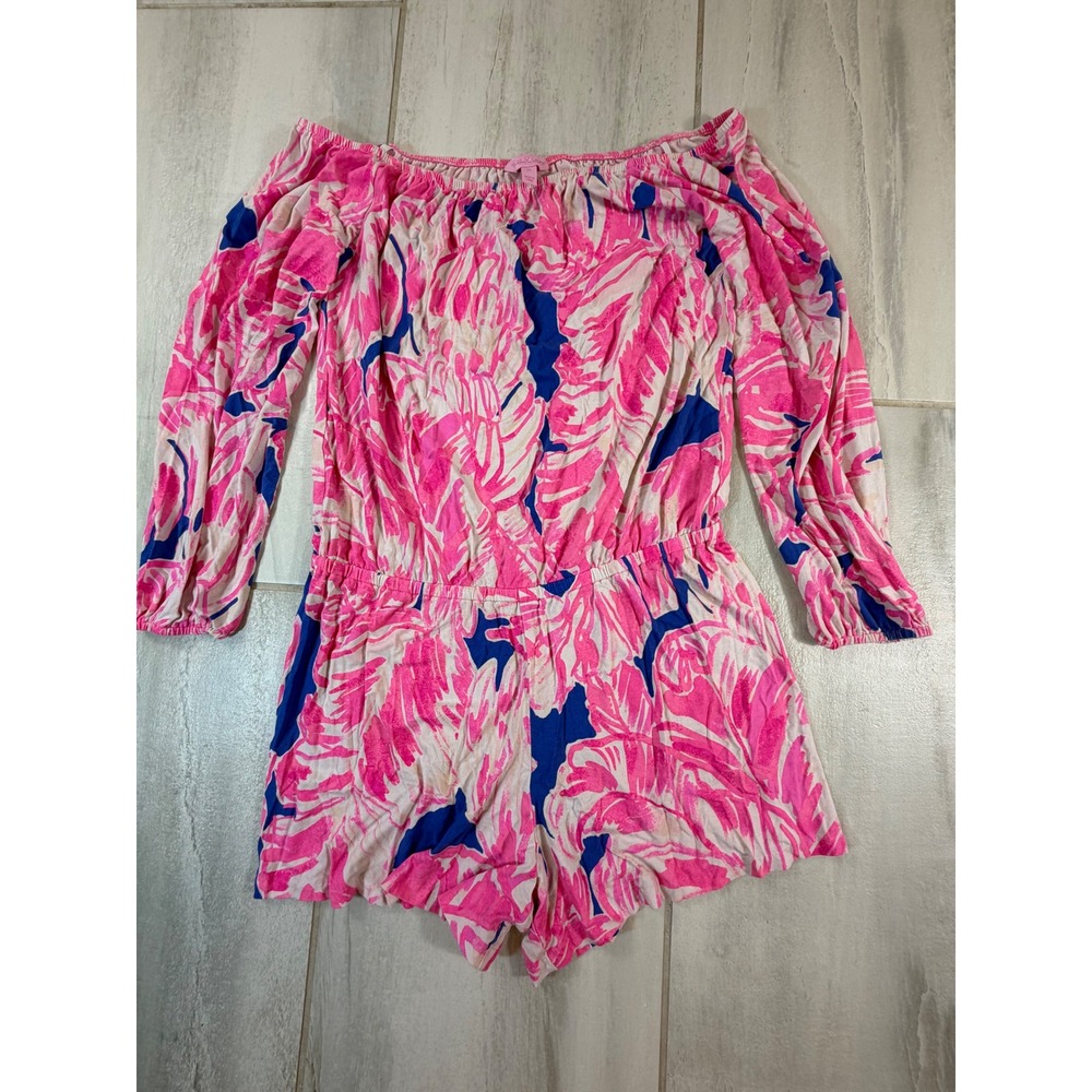 Lilly Pulitzer Donna Romper Pink Blue Tropical Palm Off Shoulder Long Sleeve M